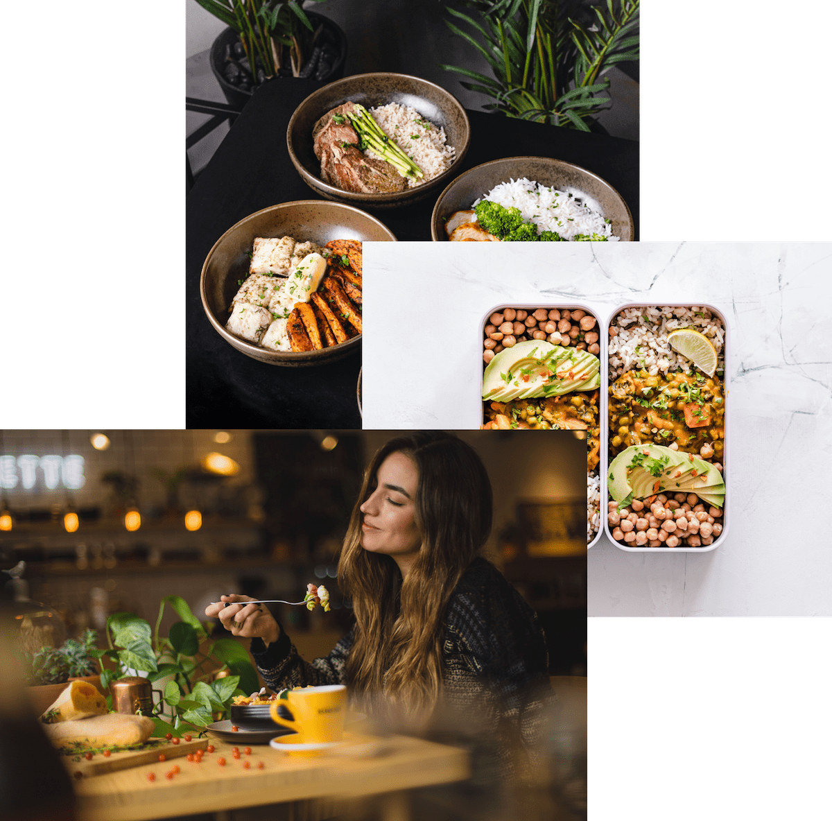 A woman enjoying food, meals in storage container, and food bowls on the table